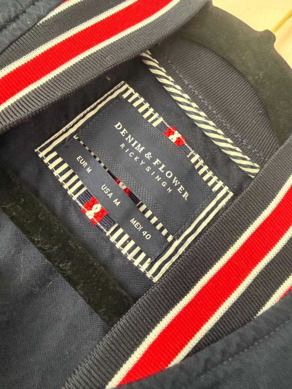 Denim & Flower Navy Bomber Jacket with Red Trim SzMedium - Picture 2 of 5